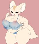  2023 3_fingers aggressive_retsuko anthro bent_arm big_breasts big_ears black_eyes black_nose blue_bra blue_clothing blue_panties blue_underwear blush bra breast_squish breasts camel_toe canid canine cleavage clothed clothing emanata eyelashes female fennec fenneko fingers fox fur hand_on_hip hi_res mammal navel open_mouth overweight overweight_anthro overweight_female panties pink_background pururing sanrio simple_background solo squish tan_body tan_fur thick_thighs tongue underwear underwear_only 