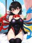  1girl ahoge asymmetrical_wings black_gloves black_hair black_one-piece_swimsuit black_thighhighs blue_wings blush breasts competition_swimsuit covered_navel curtains daichi_(tokoya) elbow_gloves gloves grin groin hair_between_eyes highres houjuu_nue large_breasts one-piece_swimsuit red_eyes red_wings short_hair smile solo swimsuit thighhighs touhou window wings 