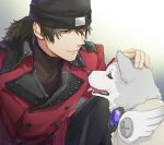  1boy animal aragaki_shinjirou beanie black_headwear black_pants brown_eyes brown_hair buttons closed_mouth coat dog hair_between_eyes hat isa_(peien516) koromaru_(persona) long_hair long_sleeves male_focus open_mouth pants persona persona_3 petting red_coat red_eyes simple_background 