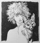  1girl commentary english_commentary fox greyscale highres kgeroua looking_at_viewer monochrome nude original parted_lips short_hair sketch solo upper_body 