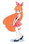  1girl bare_arms bare_shoulders black_footwear blossom_(ppg) blush breasts cleavage closed_mouth commentary dress floating_hair fopota full_body hair_ribbon highres long_hair looking_at_viewer orange_hair own_hands_together pleated_dress powerpuff_girls red_dress red_eyes red_ribbon ribbon shadow shoes simple_background sleeveless sleeveless_dress small_breasts solo standing thighhighs very_long_hair white_background white_thighhighs 