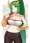  1girl alternate_hairstyle artist_name bandeau bare_shoulders black_pants bracer breasts chocojax cleavage collarbone commentary cowboy_shot green_eyes green_hair hand_on_own_hip highres kid_icarus large_breasts leggings long_hair looking_at_viewer midriff navel palutena pants ponytail solo standing stomach strapless thighs tube_top very_long_hair 