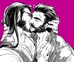  2boys bara beard chest_hair closed_eyes collared_shirt couple cowboy_hat facial_hair french_kiss from_side graves_(league_of_legends) greyscale_with_colored_background hair_slicked_back hand_on_another&#039;s_chest hat karipaku kiss league_of_legends long_hair male_focus mature_male multiple_boys muscular muscular_male mustache partially_unbuttoned pectoral_cleavage pectorals purple_background shirt short_hair sketch thick_eyebrows tongue tongue_out twisted_fate upper_body yaoi 