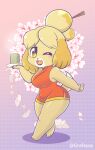  animal_crossing anthro beverage breasts canid canine canis chopsticks_in_hair clothed clothing domestic_dog female fur grafayay hair hi_res isabelle_(animal_crossing) mammal nintendo open_mouth sakura shih_tzu smile solo tea toy_dog yellow_body yellow_fur 