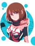  1girl asymmetrical_bangs bodysuit breasts brown_eyes brown_hair closed_mouth commentary hida_haruka highres hood hooded_bodysuit looking_at_viewer marvel medium_breasts red_bodysuit sakura_spider smile smirk solo spider-man_(series) spider_web_print superhero thejg two-tone_bodysuit 