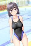  1girl absurdres black_hair black_one-piece_swimsuit breasts brown_eyes clothes_writing collarbone commentary_request competition_swimsuit cowboy_shot dutch_angle glasses highleg highleg_swimsuit highres large_breasts one-piece_swimsuit original pool short_hair solo standing string_of_flags swimsuit takafumi two-tone_swimsuit variant_set 