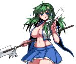  1girl :q ahoge areola_slip bare_shoulders between_fingers blue_eyes blue_skirt breasts cowboy_shot detached_sleeves eyebrows_hidden_by_hair formicid frog_hair_ornament gohei groin hair_between_eyes hair_ornament hair_tubes hand_up holding holding_stick kochiya_sanae large_breasts looking_at_viewer navel pleated_skirt revision simple_background skirt snake_hair_ornament solo stick stomach thighs tongue tongue_out touhou white_background wide_sleeves 