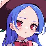  1girl ahiru_tokotoko alternate_hairstyle black_headwear blue_hair blush closed_mouth collared_shirt commentary forehead hat highres hinanawi_tenshi long_hair parted_bangs pixel_art portrait red_eyes shirt simple_background solo touhou white_background white_shirt 