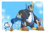  blue_background blue_eyes border chopping closed_mouth commentary_request crying empoleon from_side highres log looking_down no_humans piplup pkpokopoko3 pokemon pokemon_(creature) prinplup standing streaming_tears sweatdrop tears tree_stump white_border 