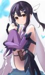  1girl bare_shoulders black_hair blush breasts brown_eyes card_holster commentary_request fate/kaleid_liner_prisma_illya fate_(series) feather_hair_ornament feathers hair_ornament hairclip leotard long_hair looking_at_viewer miyu_edelfelt pan_korokorosuke purple_leotard small_breasts smile solo 