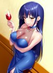  1girl alcohol arm_under_breasts bare_shoulders blue_choker blue_dress blue_hair breasts choker cleavage closed_mouth collarbone commentary commission covered_nipples cowboy_shot cup date_a_live dress drinking_glass english_commentary eyelashes fingernails hair_between_eyes hand_up holding holding_cup indoors itsuka_shiori jewelry large_breasts lips long_hair looking_at_viewer necklace pearl_necklace seductive_smile shiny_skin sidelocks skeb_commission skindentation smile solo standing straight_hair strapless strapless_dress very_long_hair wine wine_glass yellow_eyes zen_(kamuro) 