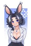  1girl animal_ears artist_name black_bra black_hair black_skirt blue_eyes blush bra breasts cleavage collared_shirt dress_shirt highres jewelry large_breasts long_sleeves m_(sharktuna) multicolored_hair necklace office_lady original parted_lips rabbit_ears rabbit_girl sharktuna shirt shirt_tucked_in skirt smile solo streaked_hair thick_eyebrows underwear white_shirt 