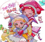  &gt;_&lt; 2girls :d blonde_hair blush candy closed_eyes commentary copyright_name double_bun dress earrings food gloves hair_bun hand_up harukaze_doremi hat hug hug_from_behind jewelry long_hair looking_at_another magical_girl makihatayama_hana multiple_girls ojamajo_doremi open_mouth outstretched_arm pink_dress pink_gloves pink_headwear puffy_short_sleeves puffy_sleeves red_hair short_hair short_sleeves smile twintails very_long_hair white_dress white_gloves white_headwear wing_hair_ornament witch_hat yuta_(mrq182) 