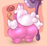  2023 anthro big_butt butt drumstick_(food) eating eyes_closed female food generation_9_pokemon hair hammer hi_res holding_food holding_object holding_weapon humanoid narkuuserkai nintendo not_furry overweight overweight_anthro overweight_female overweight_humanoid pink_body pink_hair pokemon pokemon_(species) simple_background solo tinkaton tools weapon white_hair 