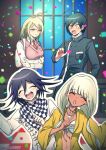  2boys 2girls :o ahoge akamatsu_kaede artist_name backpack bag bead_necklace beads bikini blonde_hair blush breast_pocket breasts buttons checkered_clothes checkered_scarf closed_eyes collarbone confetti danganronpa_(series) danganronpa_v3:_killing_harmony dark-skinned_female dark_skin double-breasted facing_viewer frown grey_jacket hair_ornament hand_up jacket jewelry large_breasts long_hair long_sleeves low_twintails multiple_boys multiple_girls musical_note musical_note_hair_ornament navel_piercing necklace necktie oma_kokichi open_clothes open_jacket open_mouth piercing pink_sweater_vest pocket saihara_shuichi scarf shachoo_(poco_poco) shell_necklace shirt smile striped striped_jacket sweater_vest swimsuit twintails upper_body white_shirt window yellow_jacket yonaga_angie 