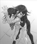  2boys anal blush checkered_clothes checkered_scarf cum danganronpa_(series) danganronpa_v3:_killing_harmony ewa_(seraphhuiyu) flipped_hair hair_between_eyes highres jacket long_sleeves lower_teeth_only male_focus medium_hair multiple_boys oma_kokichi pants penis scarf selfcest sex shoes standing standing_sex teeth yaoi 