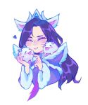  1girl ahri_(league_of_legends) animal animal_ears blush blush_stickers closed_eyes closed_mouth cropped_torso facial_mark fox_ears heart holding knol_(flowrmosh) league_of_legends long_hair long_sleeves midnight_ahri poro_(league_of_legends) simple_background smile solo tongue tongue_out upper_body whisker_markings white_background 