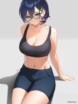  1girl 3: absurdres alternate_costume arm_support black_hair black_shorts blue_archive breasts chihiro_(blue_archive) cleavage collarbone commentary_request denim denim_shorts futsukayoi glasses grey_background grey_eyes hair_between_eyes hair_ornament highres looking_at_viewer navel rabbit_hair_ornament short_hair shorts sidelocks simple_background sitting solo sports_bra stomach 