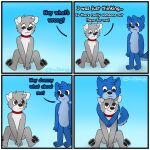  2021 4_panel_comic anthro biped black_eyes black_nose black_pawpads blue_body blue_ears blue_fur blue_hair blue_tail broitscody canid canine canis chest_tuft cody_(broitscody) collar comic dialogue domestic_dog duo floppy_ears fur grey_body grey_fur grey_hair grey_tail hair hi_res husky logan_(broitslogan) male mammal monotone_ears monotone_hair multicolored_body multicolored_fur nordic_sled_dog pawpads spitz tail tuft two_tone_body two_tone_fur two_tone_tail watermark white_body white_ears white_fur white_tail wolf 