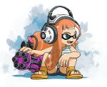  1girl asymmetrical_hair bare_arms bare_shoulders bike_shorts black_shorts blue_eyes blue_pupils braid breasts collarbone fangs headphones heavy_splatling_(splatoon) inkling inkling_girl long_hair medium_breasts muramasa_mikado open_mouth orange_hair sandals shorts sitting solo splatoon_(series) splatoon_3 striped_tank_top tank_top teeth tentacle_hair yellow_footwear 