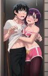  1boy 1girl black_hair black_pants black_pantyhose bra clothes_lift dilated_pupils feet_out_of_frame hand_under_clothes highres jourd4n lipstick_mark looking_at_viewer midriff mikazuki_shizuka navel pants pantyhose pink_bra pink_shorts pink_sports_bra purple_hair red_eyes saliva saliva_trail shirt short_hair shorts sports_bra sports_bra_lift surprised t-shirt tendou_akira underwear wavy_mouth white_shirt zom_100:_zombie_ni_naru_made_ni_shitai_100_no_koto 