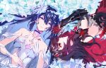  2girls aer007580 black_hair blue_eyes collarbone commentary dress english_commentary field flower flower_field gloves hair_between_eyes hand_on_own_stomach highres honkai_(series) honkai_impact_3rd long_hair looking_at_another looking_up lying multicolored_hair multiple_girls on_back on_side parted_lips purple_hair red_eyes red_gloves red_hair seele_(alter_ego) seele_vollerei seele_vollerei_(herrscher_of_rebirth) smile streaked_hair two-tone_hair white_dress white_flower 