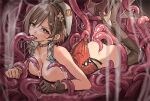  1girl aochoku ass atelier_(series) atelier_ryza atelier_ryza_3 bare_shoulders beret black_ribbon blush braid breasts breasts_out brown_eyes brown_gloves brown_hair brown_thighhighs choker clover_hair_ornament collarbone collared_shirt crown_braid earrings gloves hair_ornament hat jewelry large_breasts looking_at_viewer lying nipples on_stomach open_mouth red_shorts reisalin_stout restrained ribbon shirt short_hair short_shorts shorts single_glove sleeveless sleeveless_shirt slime_(substance) star_(symbol) star_earrings tearing_up tentacle_pit tentacles thigh_strap thighhighs tongue tongue_out torn_clothes white_headwear white_shirt 