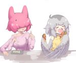  1girl ahoge bare_shoulders blush breasts chopsticks dumpling eating feathered_wings food food_on_wings grey_feathers grey_hair grey_wings harpy holding holding_chopsticks jiaozi medium_breasts medium_hair messy mono_(sifserf) monster_girl open_mouth original owl_girl pepperoni pink_hair pink_shirt pizza shirt sifserf small_breasts sweater sweater_vest teeth turtleneck turtleneck_sweater upper_teeth_only white_background winged_arms wings yellow_sweater_vest 