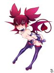  1girl arm_strap bent_over boots bracelet breasts collar commentary demon_tail demon_wings disgaea earrings english_commentary etna_(disgaea) foxinshadow full_body gloves grin highres jewelry makai_senki_disgaea nipples pointy_ears purple_collar purple_gloves red_eyes red_hair shaded_face signature skull_earrings small_breasts smile solo tail thigh_boots topless twintails wings 