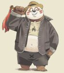  2023 anthro bear belly black_nose bottomwear brown_body clothing crave_saga garouzuki giant_panda hat headgear headwear hi_res kemono male mammal navel overweight overweight_male shaoren_(crave_saga) shirt shorts solo topwear white_body 