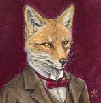  accessory anthro black_nose bow_tie canid canine clothing dipstick_ears eyewear formal formal_wear fox fur headshot_portrait hi_res icon jacket kaho_nishikawa male mammal monocle multicolored_ears painting_(artwork) portrait realistic_fur red_background red_fox simple_background solo suit_jacket topwear traditional_media_(artwork) whiskers white_body white_fur yellow_eyes 
