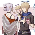  1girl 2boys :d arknights black_choker black_shirt blonde_hair blue_eyes blue_scarf blue_shorts choker commentary_request cup executor_(arknights) folded_ponytail halo highres holding holding_cup if_they_mated multiple_boys open_mouth purple_eyes scarf shirt short_hair short_sleeves shorts single_bare_shoulder smile upper_body yilufengqing 