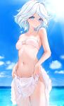  1girl absurdres bare_arms beach bikini blue_eyes blue_sky breasts furina_(genshin_impact) genshin_impact heterochromia highres looking_at_viewer navel o-ring o-ring_bikini o-ring_top ocean outdoors rem_mie skirt sky small_breasts standing swimsuit teeth underboob white_hair white_skirt 