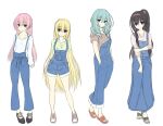  4girls alternate_costume aqua_eyes aqua_hair arihara_nanami black_hair blonde_hair blue_overalls blush braid brown_shirt casual closed_mouth commentary_request double-parted_bangs flower full_body grabbing_own_arm hair_between_eyes hair_down hair_flower hair_ornament hairband hands_in_pockets highres hirocchi legs long_hair long_sleeves looking_at_viewer mitsukasa_ayase multiple_girls nijouin_hazuki overall_shorts overall_skirt overalls pink_hair pink_hairband ponytail purple_eyes red_eyes ribbon riddle_joker sandals shikibe_mayu shirt short_sleeves side_braid simple_background sketch smile standing straight_hair sweater unfinished very_long_hair wavy_hair white_background white_ribbon white_sweater yellow_flower yellow_ribbon 