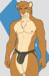  anthro biped brown_body brown_fur bulge clothed clothing countershade_face countershade_fur countershade_torso countershading delta_dewitt eyebrows felid fingers fur hi_res inner_ear_fluff jockstrap jockstrap_only male mammal smile solo topless topless_anthro topless_male tuft underwear underwear_only 