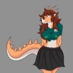  1:1 2023 anthro aquilops big_breasts bottomwear breasts brown_hair clothing curvy_figure digital_drawing_(artwork) digital_media_(artwork) dinosaur female goodbye_volcano_high grey_background hair hands_behind_back hi_res horn long_hair long_tail looking_at_viewer midriff multicolored_body multicolored_scales one_eye_closed orange_body orange_eyes orange_scales reptile resston1 rosa_(gvh) scales scalie shirt simple_background skirt small_waist smile snoot_game_(fan_game) snout solo spikes spikes_(anatomy) tail tan_body tan_scales tied_shirt topwear two_tone_body two_tone_scales voluptuous wide_hips wink winking_at_viewer 