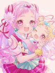  2girls baby blonde_hair clover_earrings commentary_request cone_hair_bun cure_yell hair_bun hair_ribbon highres hug-tan_(precure) hugtto!_precure layered_skirt lilylily0601 long_hair magical_girl multiple_girls nono_hana one_eye_closed pink_eyes pink_hair pink_shirt pink_skirt precure red_ribbon ribbon shirt short_bangs short_hair short_twintails skirt twintails 