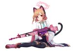  1girl :&lt; animal_ear_headphones animal_ears aqua_necktie assault_rifle battle_rifle black_skirt black_thighhighs blonde_hair blue_archive bow cat_ear_headphones closed_mouth collared_shirt fake_animal_ears fake_tail frilled_skirt frills full_body fur-trimmed_footwear gun h&amp;k_g3 h&amp;k_g3a3 hair_bow halo headphones holding holding_gun holding_weapon jacket long_sleeves looking_at_viewer miniskirt momoi_(blue_archive) naxile necktie off_shoulder pink_eyes pink_footwear pleated_skirt red_bow rifle shirt short_hair short_necktie simple_background skirt solo suspender_skirt suspenders tail thighhighs weapon white_background white_shirt wide_sleeves zettai_ryouiki 