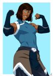  1girl absurdres avatar_legends biceps blue_background blue_eyes border breasts brown_hair commentary commission covered_navel cowboy_shot dark-skinned_female dark_skin elbow_gloves english_commentary fingerless_gloves flexing gloves hair_between_eyes highres korra mastrocecchi medium_breasts muscular muscular_female parted_lips short_hair simple_background smile solo teeth the_legend_of_korra white_border 