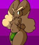  anthro bottomwear breasts brown_body clothed clothing erection erection_under_clothing flygon_(artist) generation_4_pokemon genitals green_bottomwear green_clothing green_eyes green_loincloth gynomorph hands_behind_back intersex loincloth lopunny nintendo nipples penis pokemon pokemon_(species) solo somnamg 