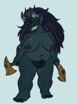  axes black_sclera ear_piercing female freckles greying_hair hi_res horn humanoid lighter_belly mature_female nipple_piercing nipples ogre piercing pubes ravenpen15 scar simple_background solo tusks 