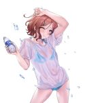  1girl ;t aqua_bikini bikini bikini_under_clothes blush bottle breasts brown_hair covered_navel hamedoragon higuchi_madoka holding holding_bottle idolmaster idolmaster_shiny_colors looking_at_viewer medium_breasts nail_polish pocari_sweat shirt simple_background solo splashing swimsuit wet wet_clothes wet_shirt white_background white_shirt 