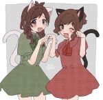  2girls ;d animal_ears antenna_hair braid brown_hair cat_ears cat_tail dress fake_animal_ears fang green_dress highres idolmaster idolmaster_cinderella_girls maekawa_miku multiple_girls nyan one_eye_closed paw_print red_dress short_ponytail simple_background smile sweatdrop tail tsujino_akari turu_(turu_0280) twin_braids two-tone_background 