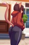  2023 anthro biped blurred_background bottomwear brown_hair butt canid canine clothing countershade_fur countershading detective_(kbart) digital_media_(artwork) digital_painting_(artwork) eyebrows eyelashes female fur hair hand_in_pocket hi_res hoodie kbart long_hair looking_at_viewer looking_back looking_back_at_viewer mammal outside pants pink_nose pockets rear_view red_clothing red_hoodie red_topwear shaded solo tan_body tan_fur tan_tail_tip thin_tail topwear 