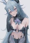  1girl adhesive_bra aqua_hair black_bra black_collar blush bra breasts collar cowboy_shot crossed_bangs detached_collar fins grey_background grey_lips hair_between_eyes head_fins highres lamia_(punishing:_gray_raven) long_hair mechanical_arms parted_lips punishing:_gray_raven purple_eyes shell_hair_ornament small_breasts solo underwear very_long_hair xminee_chu 