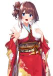  1girl 2021 :d absurdres baffu blue_eyes blush breasts breath brown_hair clenched_hand commentary_request floral_print fur_trim hair_bun hair_ornament hands_up highres hitoyo_(baffu) japanese_clothes kimono large_breasts long_sleeves looking_at_viewer new_year obi open_hand open_mouth original red_kimono sash simple_background single_hair_bun smile solo translated upper_body wide_sleeves 