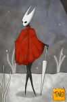  anthro arthropod black_body cavern cloak cloak_only clothing female fossil gold_button hi_res hollow_knight hornet_(hollow_knight) insect melee_weapon mouthless nail_(weapon) poncho red_clothing snow solo team_cherry the_nameless_guy weapon white_head 
