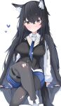  1girl :o absurdres animal_ear_fluff animal_ears arknights black_hair black_jacket black_pantyhose black_vest blue_gloves blue_necktie blue_shorts blush boots crossed_bangs crossed_legs dot_nose feet_out_of_frame fingerless_gloves gloves hair_between_eyes heart highres jacket jacket_on_shoulders layered_clothes long_hair long_sleeves looking_at_viewer necktie nose_blush nui_(nuinui0300) open_clothes open_jacket open_mouth pantyhose shirt short_shorts shorts sidelocks simple_background sitting sleeve_cuffs solo sweatdrop tail texas_(arknights) texas_the_omertosa_(arknights) thigh_strap torn_clothes torn_pantyhose variant_set vest white_background white_footwear white_shirt wolf_ears wolf_girl wolf_tail 