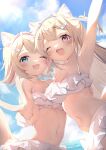  2girls alternate_costume animal_ear_fluff animal_ears arm_up armpits backlighting bandaid_hair_ornament bare_shoulders bikini blonde_hair blue_eyes blue_hair blue_hairband blue_sky blush cloud commentary day dog_ears dog_girl dog_tail fang frilled_bikini frills fuwawa_abyssgard hair_ornament hairband hairclip highres hololive hololive_english lens_flare long_hair looking_at_viewer mococo_abyssgard multicolored_hair multiple_girls nail_polish navel one_eye_closed open_mouth outdoors outstretched_arm pink_eyes pink_hair pink_hairband pink_nails seboneko short_hair siblings side-by-side sisters skin_fang sky smile stomach streaked_hair swimsuit tail tareme twins upper_body v virtual_youtuber water white_bikini 