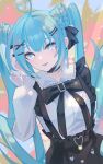  1girl :d absurdres ahoge ai_dongdong black_bow black_ribbon blue_eyes blue_hair blush bow braid breasts cowboy_shot day dot_nose dutch_angle hair_between_eyes hair_bow hair_ornament hairclip hand_in_own_hair hand_up hatsune_miku heart heart-shaped_pupils heart_ahoge high-waist_skirt highres light_particles light_rays long_hair long_sleeves looking_at_viewer medium_breasts neck_ribbon open_mouth outdoors ribbon shirt shirt_tucked_in sidelocks skirt smile suspender_skirt suspenders symbol-shaped_pupils twintails very_long_hair vocaloid white_shirt x_hair_ornament 